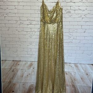 Gold Sequin Revelry Bridesmaid Evening Gown Dress Spaghetti Strap Size 10 lined